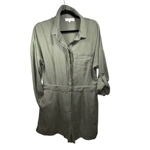 Olive Green Utility Style Jumpsuit Romper Shorts Button Front Roll Tab Sleeve